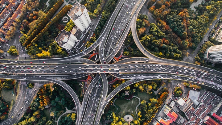 Bird's eye view of busy city roads