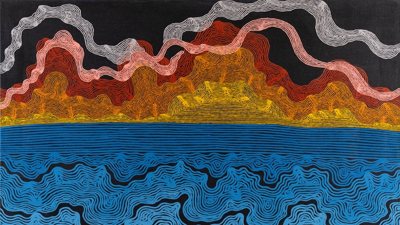 Out on the horizon signature artwork: Abstract landscape of blue water, glowing orange and yellow horizon, and pink and white cloud-like contours against a dark sky. 
