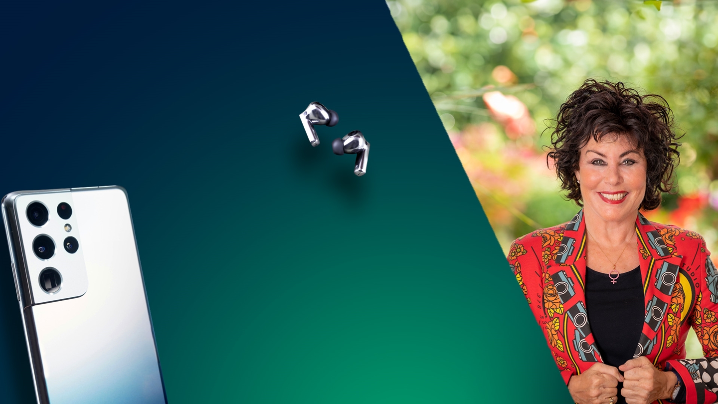 Banner image of Ruby Wax, with a mobile phone and in-ear headphones featured prominently