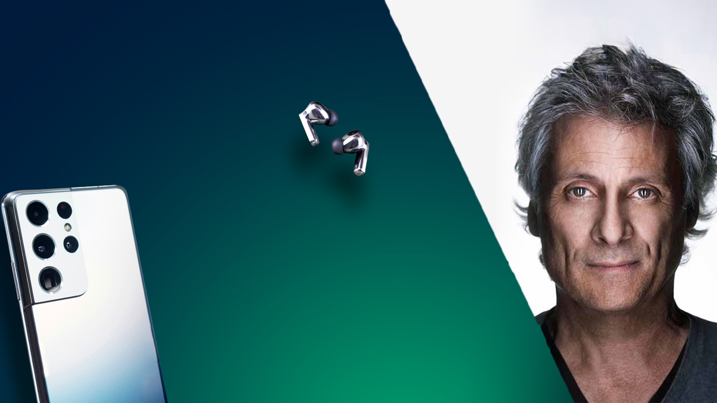 Banner image of Mark Mangini, with a mobile phone and in-ear headphones featured prominently 