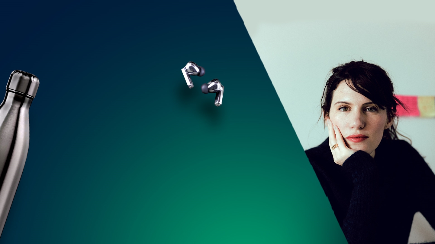 Banner image of Beatrice Galilee, with a water bottle and in-ear headphones featured prominently 