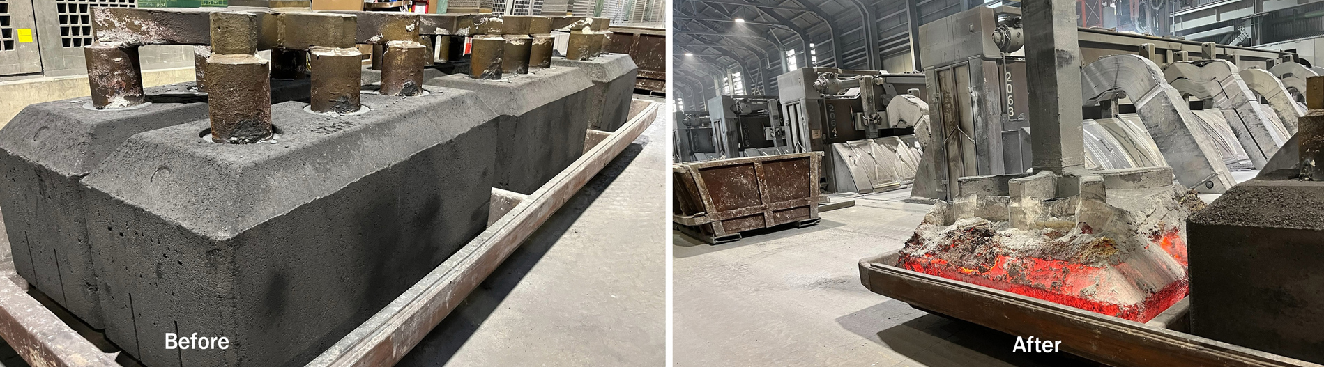Anode before and after consumption in the aluminium smelting process.