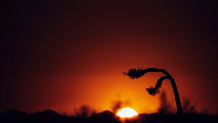 Sunset over a desert landscape, with vibrant colors in the sky