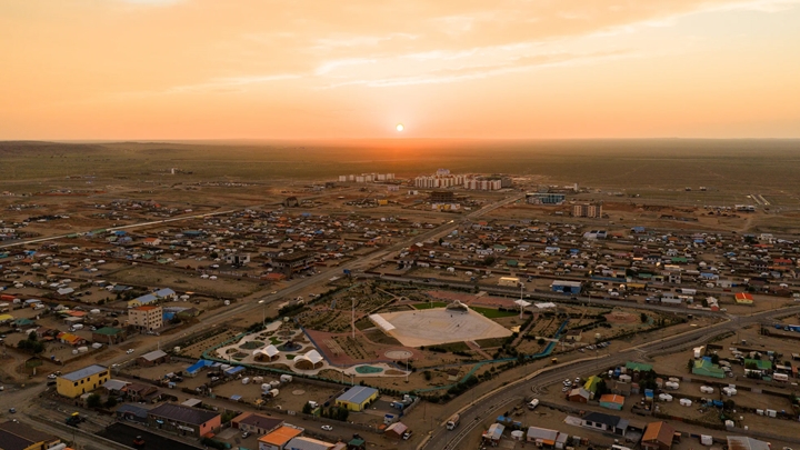 Aerial view of Khanbogd town in Mongolia during sunset