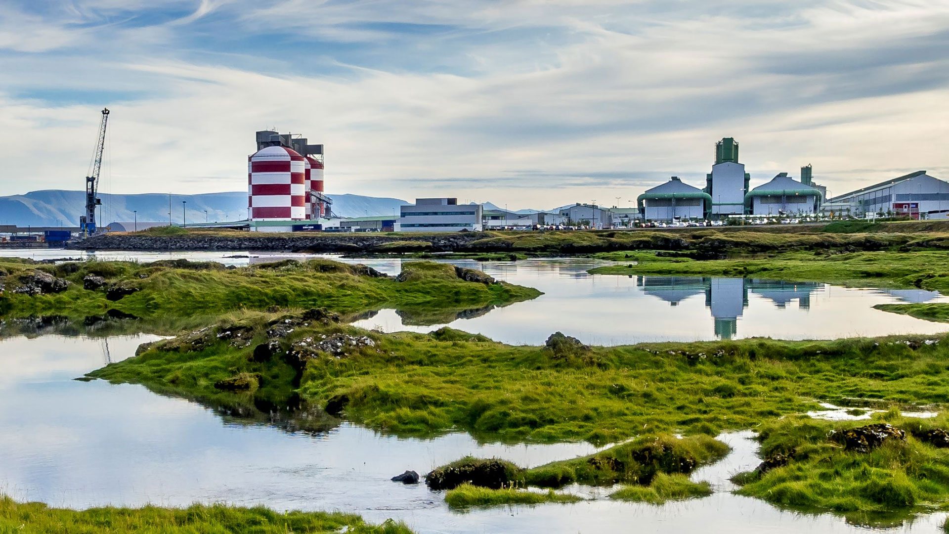 A coastal industrial landscape with large red‑and‑white striped buildings, green‑roofed factory structures, and a tall crane in the distance. The foreground features patches of bright green moss and grass surrounding still water pools that reflect the buildings and sky. Mountains sit faintly in the background under a partly cloudy sky.