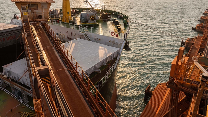 Bauxite loading onto ship at export facility, Weipa Operations