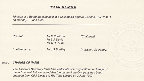 CRA officially becomes Rio Tinto