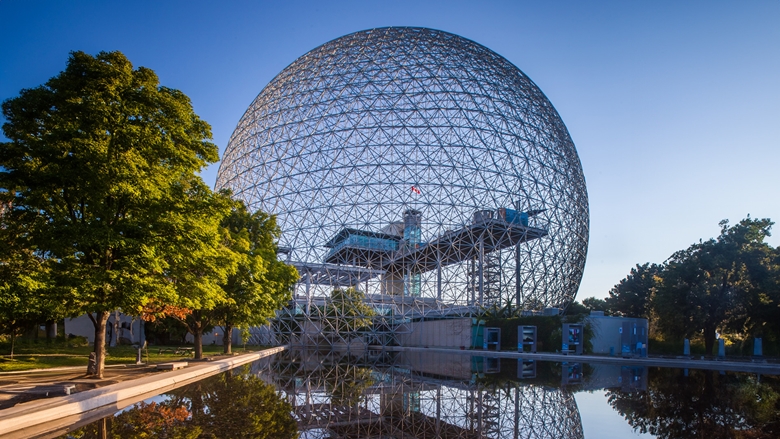 The dome of Montreal’s Biosphere in Canada, made of interconnected aluminium triangles.