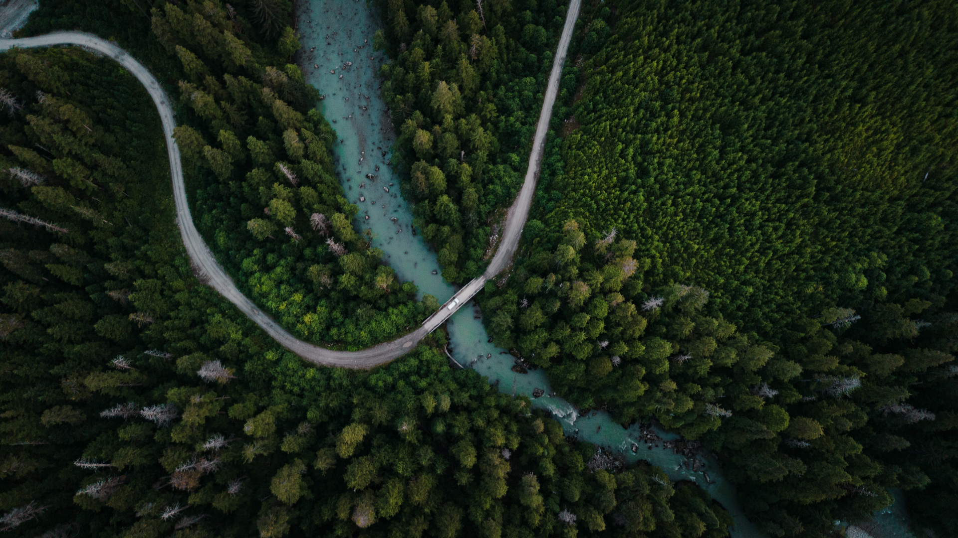 Vue aérienne d’une route sinueuse traversant une rivière turquoise au cœur d’une forêt dense et verdoyante.